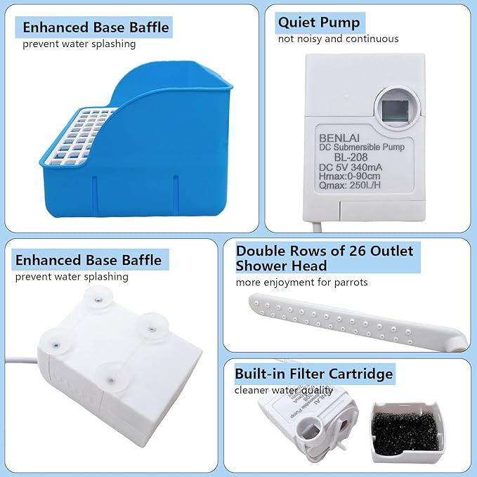 kathson Automatic Parrot Bathtub with Pump, Large Bird Shower Fountain, Parakeet Bath Tub for Medium Birds,Cockatiel,Cockatoo,Lovebird,African Grey,Conure, Budgie (Blue)