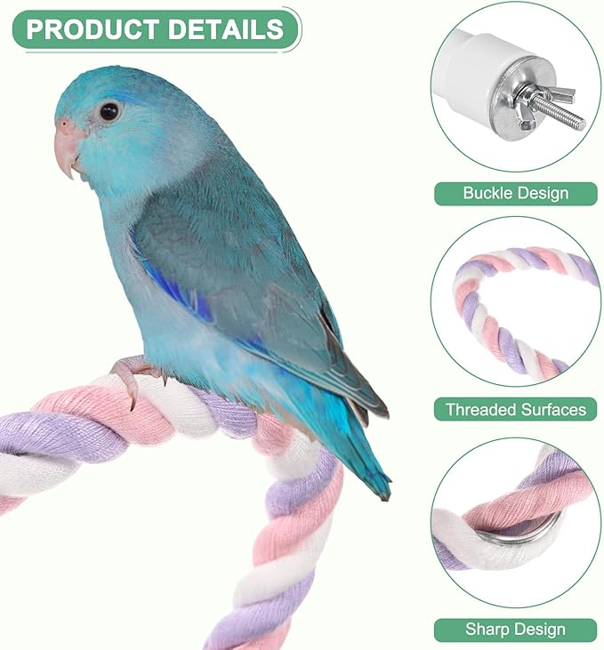 1-Pack Rope Perches for Bird Cages, 31.5 in Length Comfort Grip Flexible Rope Perch Beak & Paw Grinding for Parrots/Cockatiels/Parakeets, Bird Platform Sand [Pink Purple]