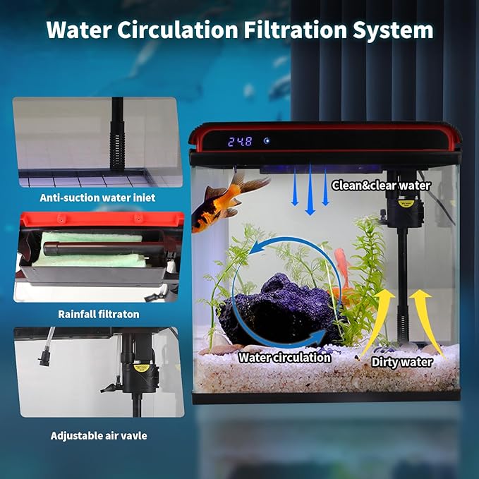 10 Gallon Fish Tank Smart Aquarium Kit, Glass Small Aquarium Starter Kits Self Cleaning with 3 Types of LED Lights and Filter Water Pump, Water Temperature Detection Ultra Quiet Gift for Kid