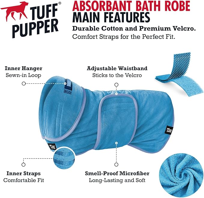 Tuff Pupper Fast Drying Dog Bath Robe | 800 GSM Plush Dog Towel Bathrobe/Dressing Gown | Super Absorbent Pet/Puppy Bathrobe | Adjustable Hood & Belly Strap | Super Soft | Fast Drying (S, Blue)