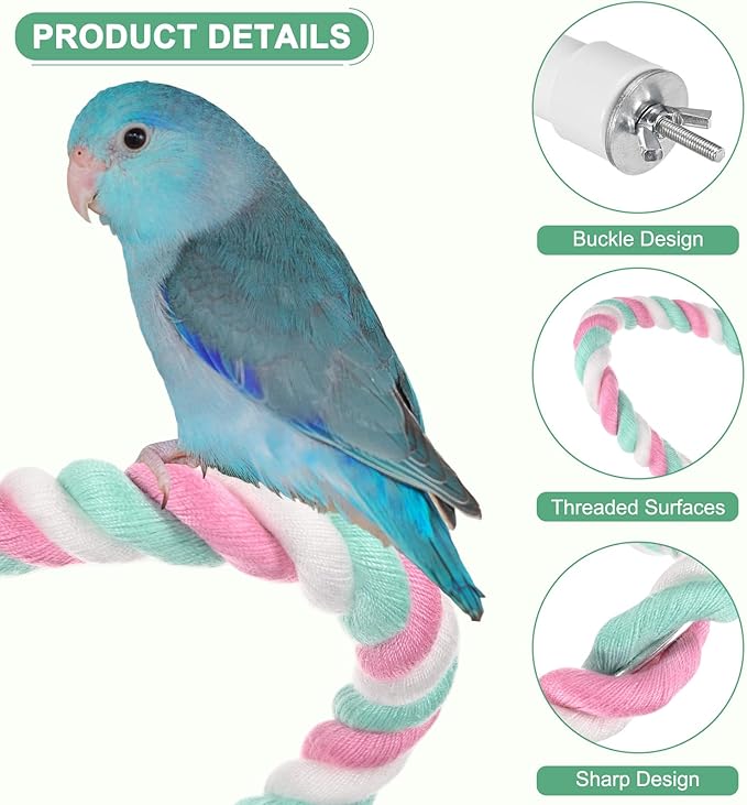 1-Pack Rope Perches for Bird Cages, 31.5 in Length Comfort Grip Flexible Rope Perch Beak & Paw Grinding for Parrots/Cockatiels/Parakeets, Bird Platform Sand [Pink Cyan]