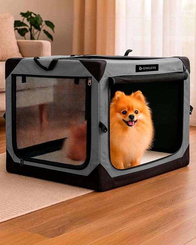 Owleys Dog Crates for Small Dogs – 27.5" L x 20" W x 20.5" H Pop Up Kennel for Medium Dogs, Portable Indoor Pet Crate - Portable with Mesh Windows - Grey Color