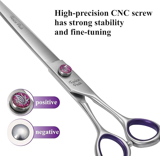 Fenice Peak 8'' Straight Dog Grooming Scissors with Decorative Screw Professional 440C Stainless Steel Metallic Pet Trimming Shears with Offset Handle Durable and Sharp