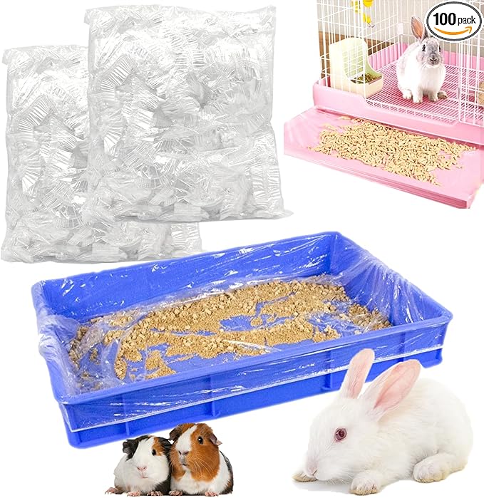 100Pcs Disposable Rabbit Cage Liner, 26'' X 18'' Plastic Guinea Pig Cage Liners Bag Elastic Small Animal Toilet Film, Clear Crate Tray Covers for Bunnies Ferret Hamster