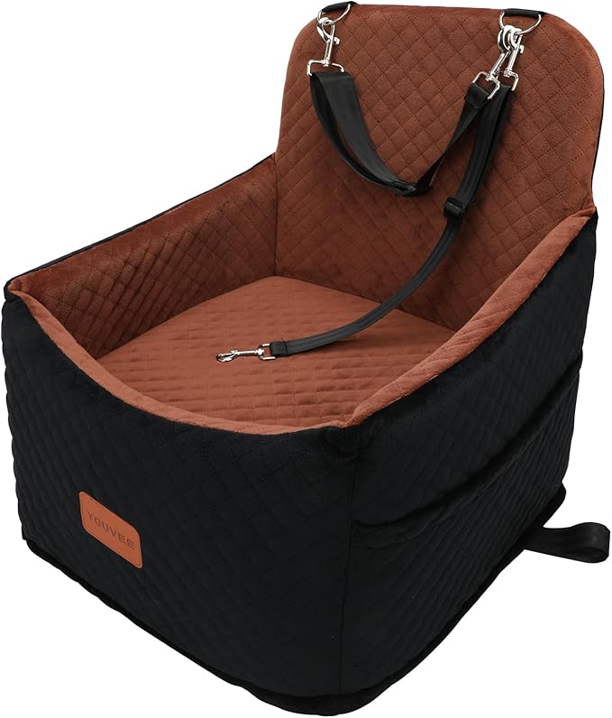 Youvee Dog Booster Car Seat,Interior Height 6 Inches Elevated Pet Car Seat for Small Dog up to 30 lbs,for car Front/Back,Comfortable,Storage Pocket(View Ⅰ-Black Outside Brown Inside)