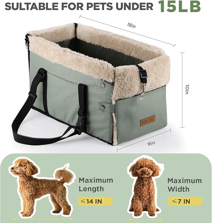 Center Console Dog Car Seat for Small Dogs,PU Leather Small Dog Car Booster Seat,Washable Foldable with Safe Protection Hooks Adjustable Straps and Storage Pocket Pet Up to 15lbs-Green