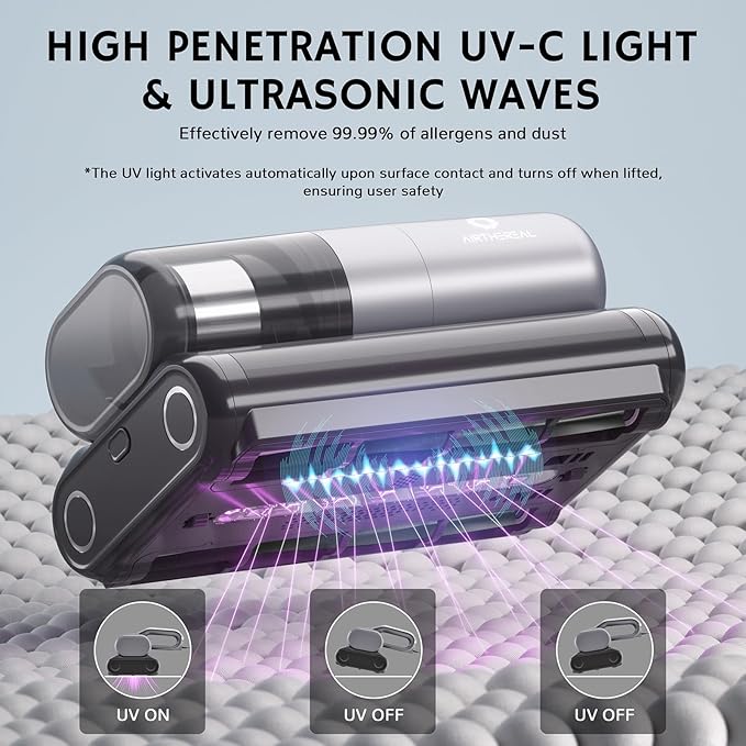 AIRTHEREAL M1 Mattress Vacuum Cleaner, 6 in 1 Bed Vacuum with High-Frequency Vibration - 80,000 RPM Dual Brushroll Rotation, UV-C Light, 14Kpa Suction, Dust Sensor, Ultrasonic and Heating Tech