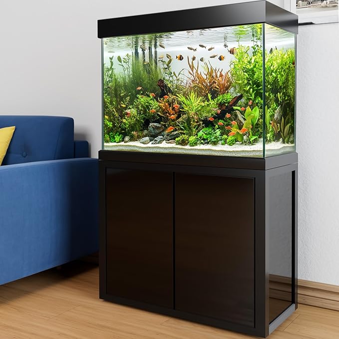 100 Gallon Glass Aquarium with Aluminum Cabinet - Including Sump for Filtration and Circulation, Plumbing, LED, Black
