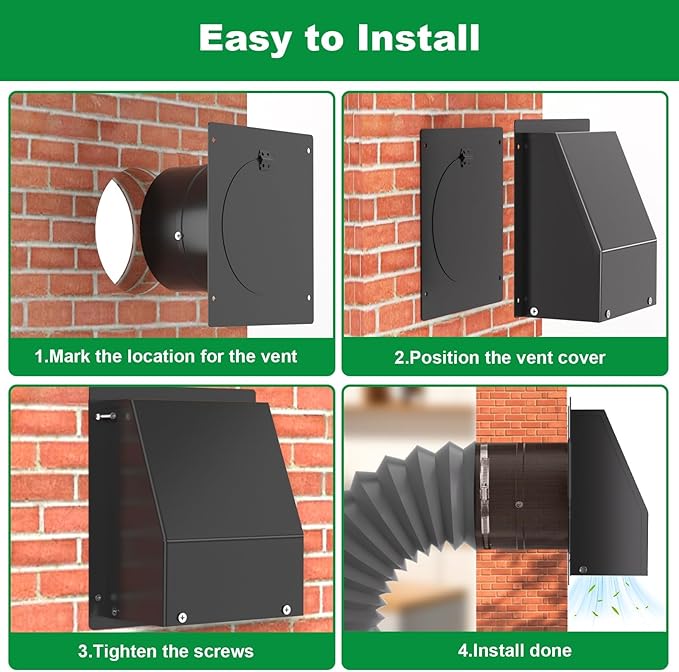10 Inch Hooded Wall Vent with Screen and Damper, Outdoor Wall Exhaust Vent Cover Cap for Residential Housing Kitchen Rangeand Outside Air Exhaust, Galvanized Steel,Widely Applicable, Black