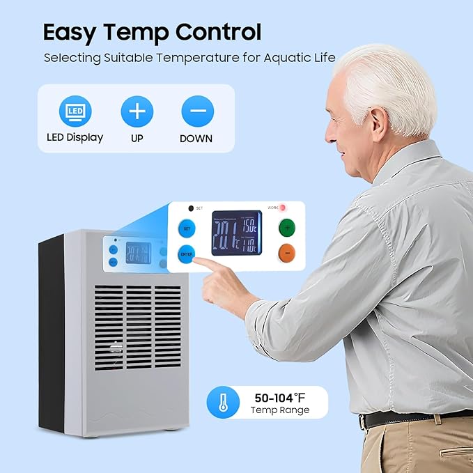 100W Aquarium Chiller Water Chiller for Home Fish Tank, 30L/7.93Gal Cooling Capacity 50-104°F Temp Control Chiller with LED Screen, 35-45dB Low Noise Aquarium Cooler for Axolotls, Coral Reef