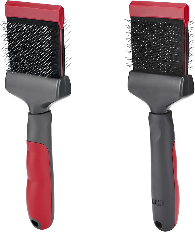 KONG Double-Sided Flexible Slicker Brush – De-Shedding & Detangling Tool, Padded Grip, Long Metal Pins, Flexible Head, for Medium to Large Dogs with Medium to Long Coats, Red/Gray