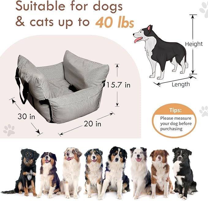 Dog Car Seat for Small/Medium Dogs Under 40 lbs - Elevated Pet Seat with Safety Belt, Non-Slip Base, and Storage Pockets for Car Travel (Brown, 30 x 20.5 inch)