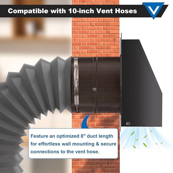 10 Inch Wall Vent with Screen and Damper, Galvanized Steel Hooded Wall Vent Cover Black Metal Exhaust Duct Cap Kit with Hose Clamp Aluminum Foil Tape for Outdoor Laundry Room Kitchen Range Hood