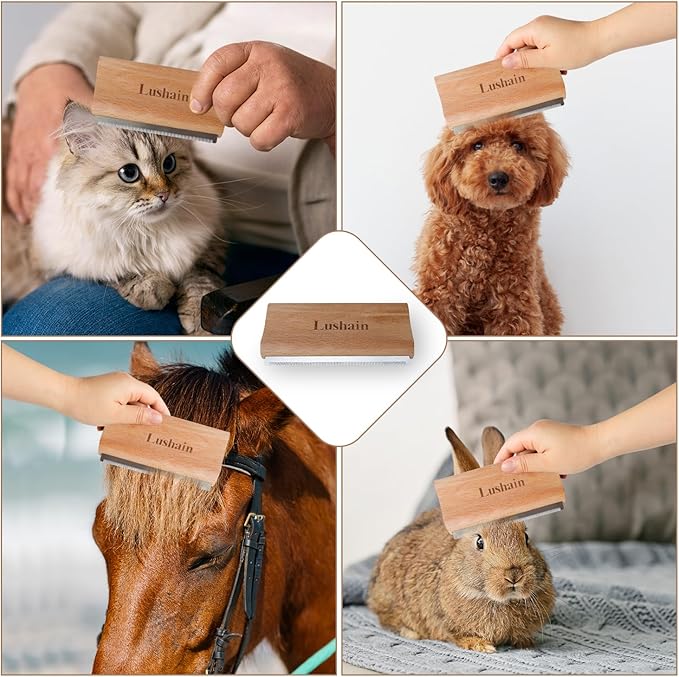 Deshedding Brush for Dogs & Cats | Professional Pet Grooming Brush | Removes Loose Fur, Dirt & Hair | Small, Medium & Large Pets | Ergonomic Handle| Cat Brush | Dog Brush (Nature wood, 5 inch)