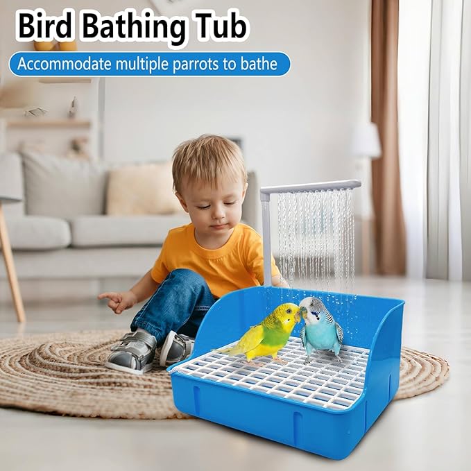 kathson Automatic Parrot Bathtub with Pump, Large Bird Shower Fountain, Parakeet Bath Tub for Medium Birds,Cockatiel,Cockatoo,Lovebird,African Grey,Conure, Budgie (Blue)