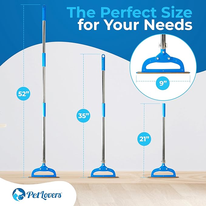 PetLovers EzLint Mega 52" Carpet Rake & Pet Hair Removal Tool – Dog & Cat Hair Remover Broom with Adjustable Handle & Extra Wide Head for Carpets, Rugs & Stairs, Blue