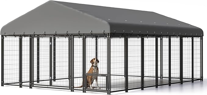 10' x 14'Large Outdoor Dog Kennel with Double Swing Doors, Heavy-Duty Dog Cage with Feeding Panel, Weatherproof Roof, Secure Fence Playpen for Large Dogs, Easy Assembly