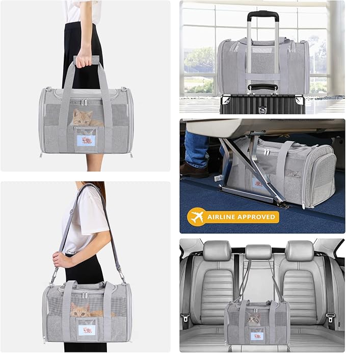 Cat Carrier, Dog Carrier, Pet Carrier Airline Approved for Small Dogs, Kitten Carriers Under 15lb, Collapsible Soft Sided TSA Approved Travel Carrier-Grey