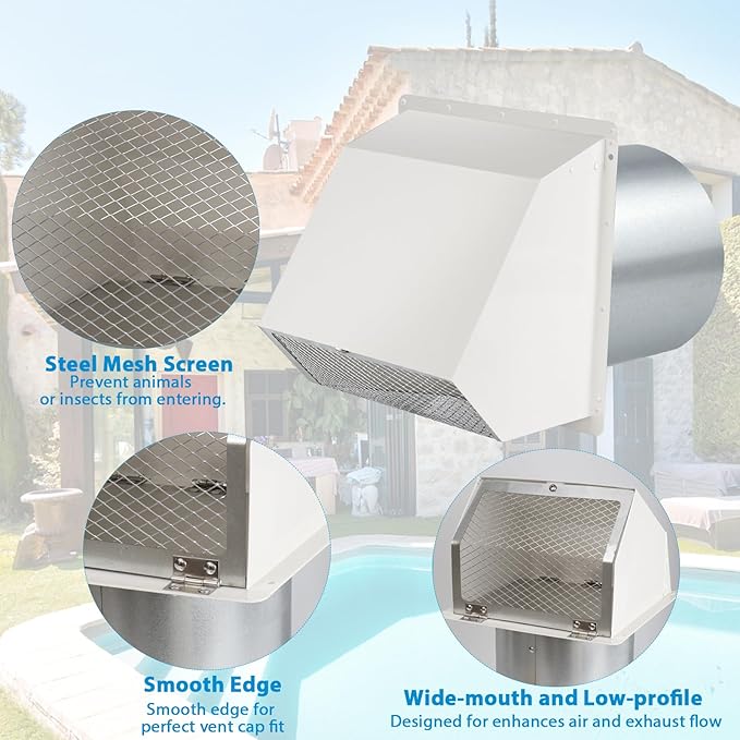 10" Hooded Wall Vent with Screen and Damper,Outdoor Wall Mount Exhaust Vent Cover Cap Dry Vent Hood Air Ventilation for Kitchen Range Hood HVAC Duct House and Industrial Facilities, White