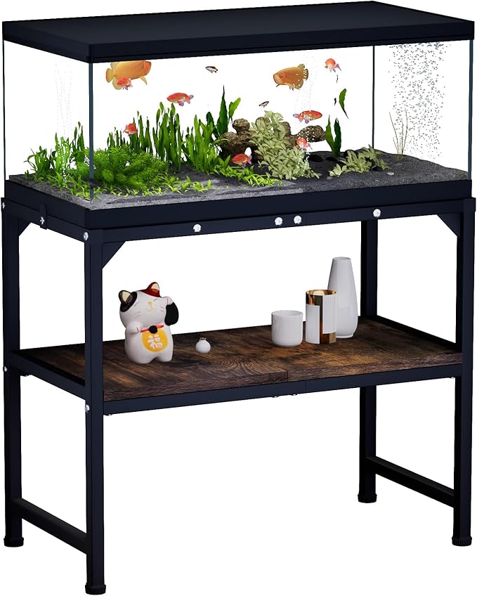 10-20 Gallon Fish Tank Stand, Metal Aquarium Stand with Adjustable Non-Slip Foot and Wooden Shelf, Reptile Tank Stand Easy to Assemble for Home Office, Firm and Steady(Tank not Included)
