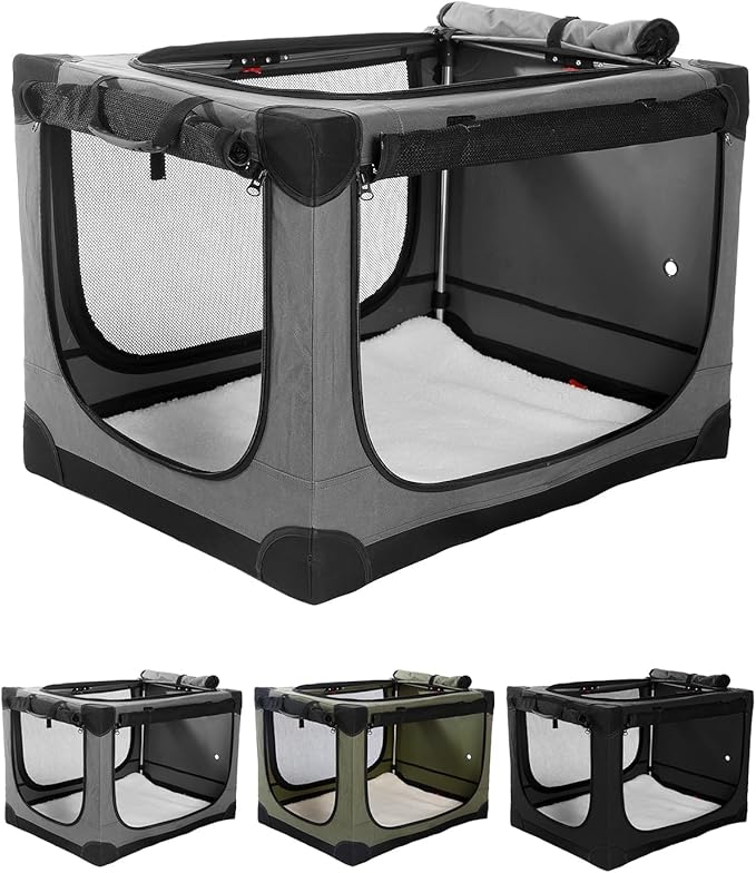 30 Inch Collapsible Travel Dog Crate for Medium Large Dogs, Portable Dog Crate 4-Door Foldable Soft Kennel with Durable Mesh Windows for Indoor & Outdoor Travel, with Storage Bag,Grey