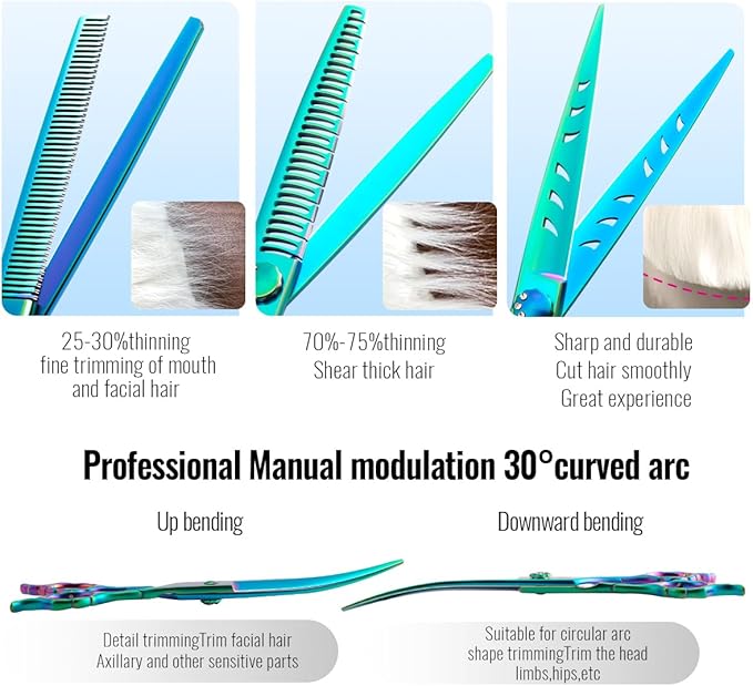 Dog Grooming Scissors: 7" Straight Pet Shears Skeletonized blade Made Of Japanese 440C for Trimming Dogs Cats and Other Pets Green (SET G, Set)