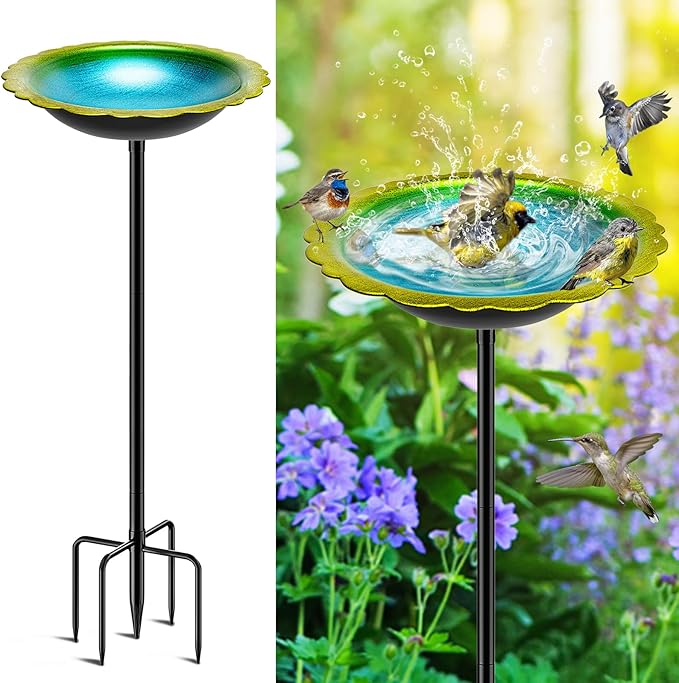 38In Bird Bath for Outside, Metal Birdbath Bowl Decorated Metal with 5 Prong Base Stand Outdoor Bird Baths Bird Feeder Garden Decor Yard Art (Blue-Green)