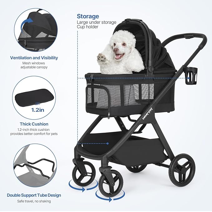X-5 Luxury Pet Stroller for Medium Dog Under 55lbs or 2 Small Dogs & Cats, One-Touch Folding, Adjustable Handle and Detachable Carrier (Black & Net Wall)