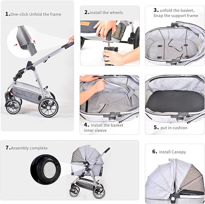 Kenyone Pet Stroller 3 in 1 Dog Stroller for Medium Small Size Dogs, Large Cat Stroller with Detachable Carrier for Puppies, Doggies, Kitties, Bunnies (C510 Gray)