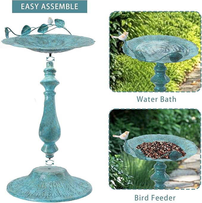 22" H Bird Baths for Oudoors, Antique Pedestal Bird Bath with Bird Statues Metal Birdbaths Bird Feeder Bowl Tray Garden Yard Decoration, Blue