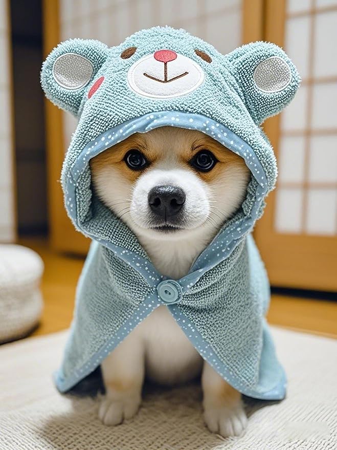 Dog Hooded Bathrobe Towel, Fast Drying Bath Towel Absorbent Warm Blanket Blue M