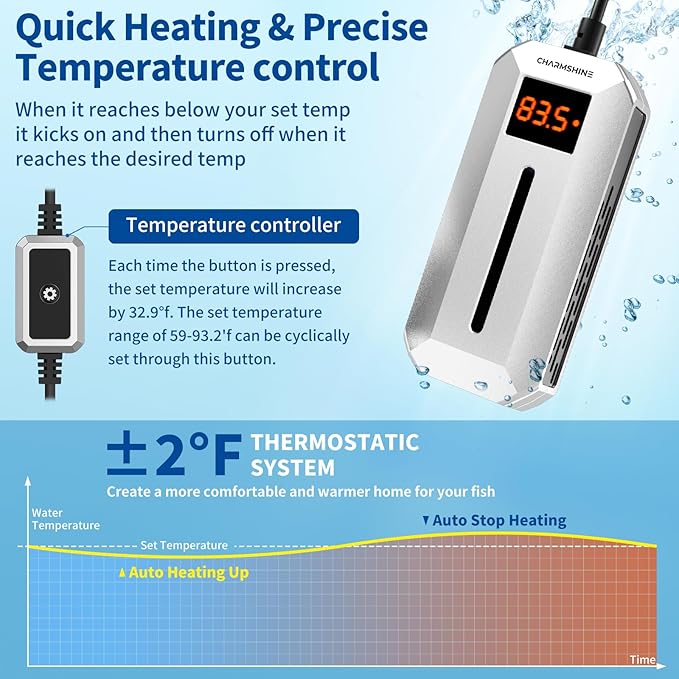 100W Aquarium Heater Fish Tank Submersible Water Heater with LED Digital Display Fish Tank Water Heater for 10-20 Gallons Freshwater & Saltwater Turtle Tanks Heater