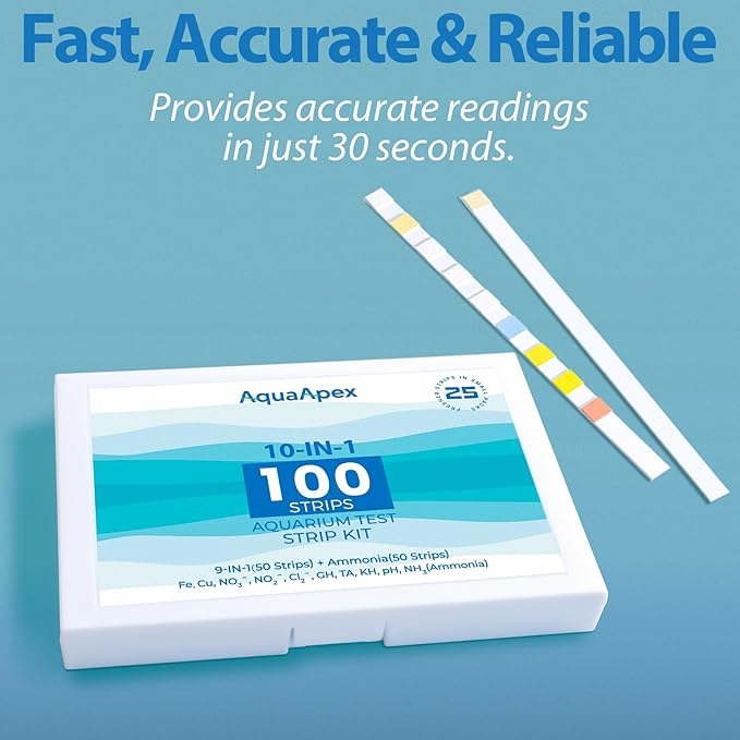 10-in-1 Aquarium Test Strips (100 Strips) 50 Multi-Test + 50 Ammonia Strips | Ammonia Test Strips for Fish Tank, Aquariums, Ponds & Shrimp Tank | for Freshwater & Saltwater | Test Nitrate, pH & More