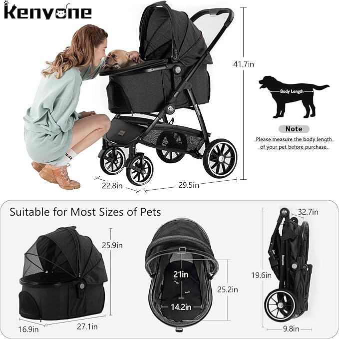 Kenyone Pet Stroller 3 in 1 Dog Stroller for Medium Small Size Dogs, Large Cat Stroller with Detachable Carrier for Puppies, Doggies, Kitties, Bunnies (C510 Black)