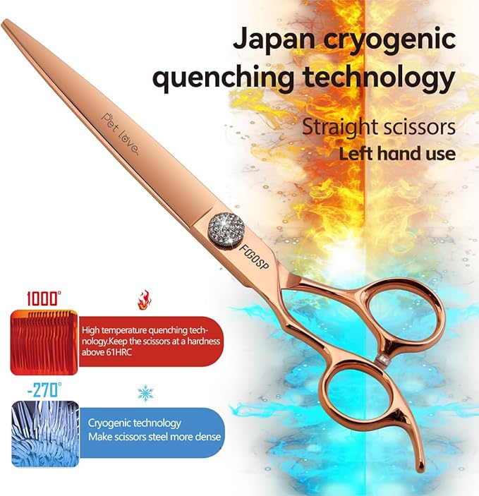 8'' Professional Left Handed Dog Grooming Scissors Straight Long Large Grooming Shears for Dogs Pet Rose Gold Titanium Japan 440C Right Handed Dog Hair Cutting Scissors for Poodle(8,Straight)