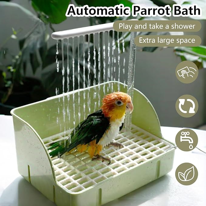 kathson Parrot Bathtub, Automatic Bird Bath Indoor,Parakeet Shower Fountain,Parrot Bath Tub for Pet Birds, Cockatiel, Conure, Budgie, Lovebird, African Grey, Finches (Green)