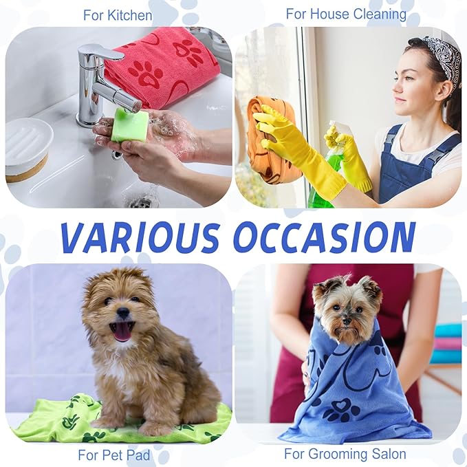 4 Pcs Dog Bath Towels Microfiber Drying Dog Towel Absorbent Pet Heart Paw Towels for Medium Dogs Puppy Cats Pets Shower(Blue, Yellow, Pink, Apple Green)