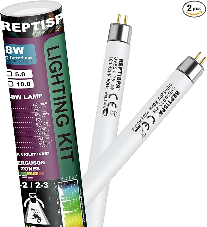 10.0 UVB Light for Reptiles, T5 HO 8 Watt Reptile Lamp Tube, Pack of 2 Fluorescent UVB Bulb, Basking Light for Bearded Dragon, Simulate Natural Sunlight for Reptiles and Amphibians