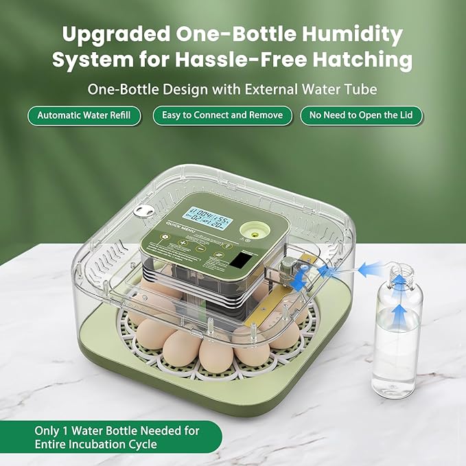 12 Egg Incubator with Humidity Display & Built-in Candler, Automatic Turner, Temp & Humidity Control, Auto Water Refill – Digital Hatcher for Chicken, Duck, Quail, Parrot (Green, 12 Egg)