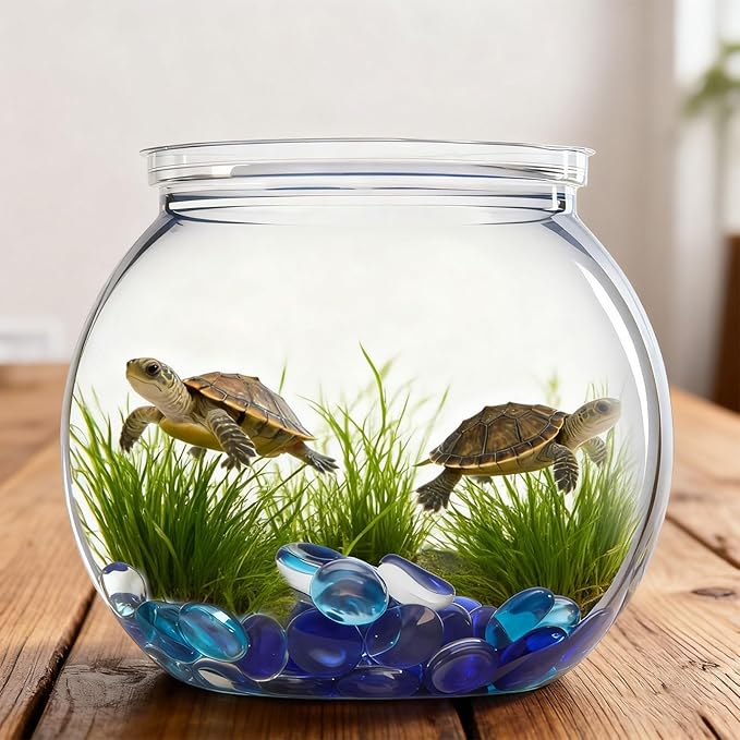 12 Pcs Mini Plastic Fish Bowl 27 oz with 900 Pcs Mixed Flat Glass Marbles Plastic Aquarium Starter Kits Fish Tank Decor for Home Tabletop Office Desk Pet Tanks Decoration