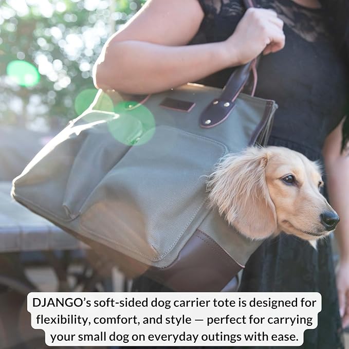 DJANGO Waxed Canvas & Leather Dog Carrier Tote Bag – Premium Soft-Sided Travel Dog Purse with Safety Leash, WR Lining, Zipper Pockets – Everyday Pet Carrier for Small Dogs up to 20 lbs (Olive, Large)