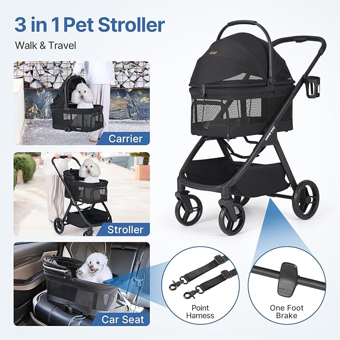 X-5 Luxury Pet Stroller for Medium Dog Under 55lbs or 2 Small Dogs & Cats, One-Touch Folding, Adjustable Handle and Detachable Carrier (Black & Net Wall)