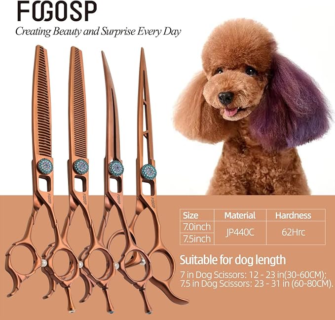 7'' Dog Grooming Scissors Set 4PCS Curved Thinning Straight Chunkers Shears Kit with Hollow Out Design Ergonomic Offset Handle High Cobalt Alloy Steel Sharp and Durable(7, Chocolate Kit)