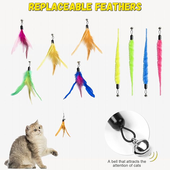 11-Pack Cat Wand Toys with Silvervine Sticks & Feather Refills – Interactive Adjustable Fishing Pole Toy for Indoor Cats, Bell & Elastic String – Durable Kitten Toys