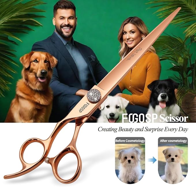 8'' Professional Left Handed Dog Grooming Scissors Straight Long Large Grooming Shears for Dogs Pet Rose Gold Titanium Japan 440C Right Handed Dog Hair Cutting Scissors for Poodle(8,Straight)