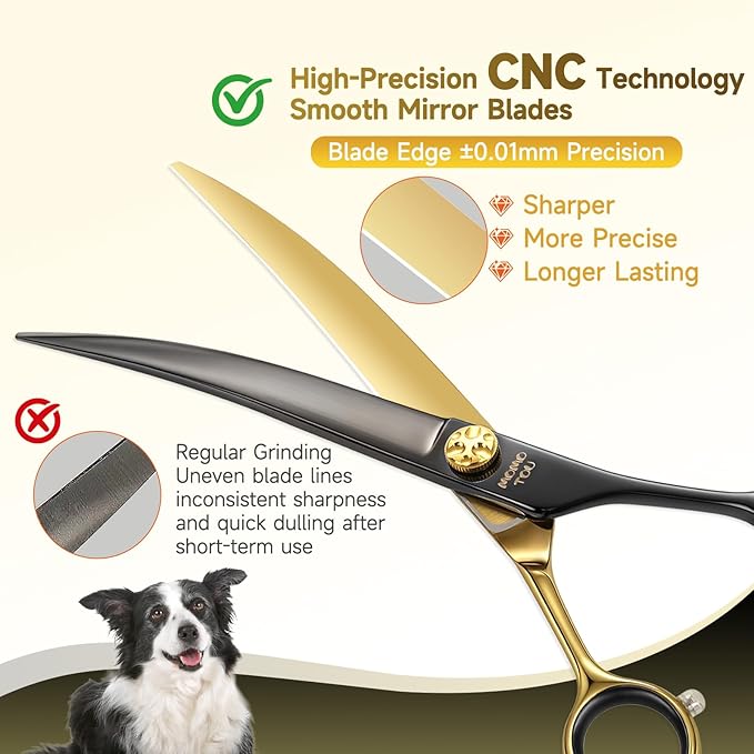 7'' Curved Dog Grooming Scissors CNC 440C Blades Sharp and Durable Dog Shears Black and Gold Pet Scissors Smooth Cutting Easy to Use for Professional Groomer