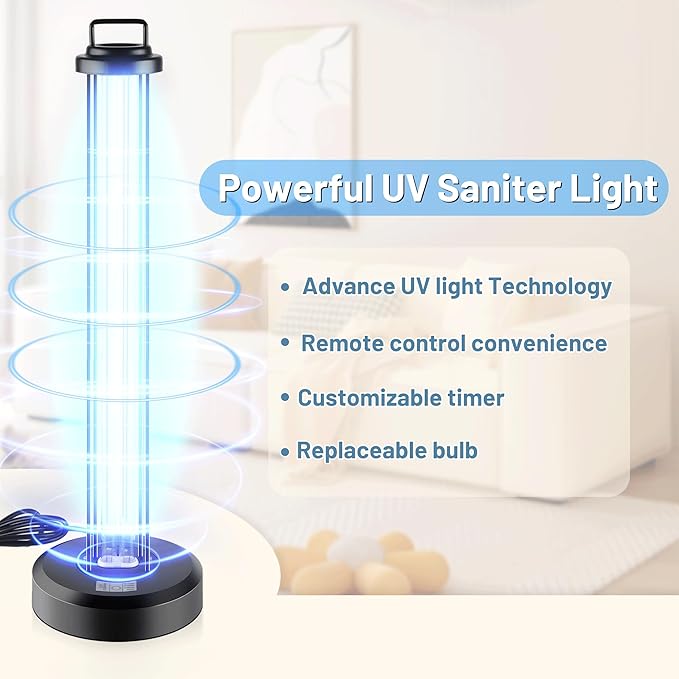 100W UV Sanitizer Light, Portable Ultraviolet Light with 3-Gear Timer, 110V, 99.99% UVC Ozone Free UV Lamp for Home, Office, Hotel, School