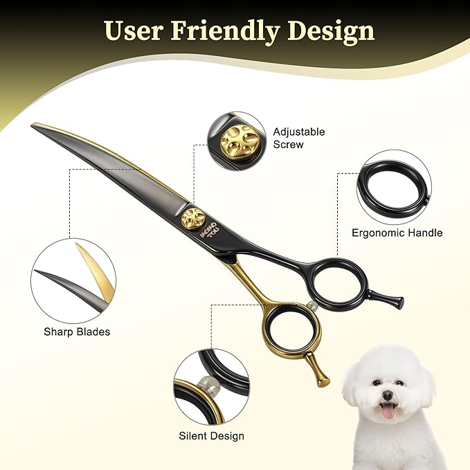 7'' Curved Dog Grooming Scissors CNC 440C Blades Sharp and Durable Dog Shears Black and Gold Pet Scissors Smooth Cutting Easy to Use for Professional Groomer