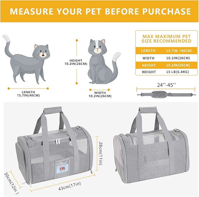 Cat Carrier, Dog Carrier, Pet Carrier Airline Approved for Small Dogs, Kitten Carriers Under 15lb, Collapsible Soft Sided TSA Approved Travel Carrier-Grey