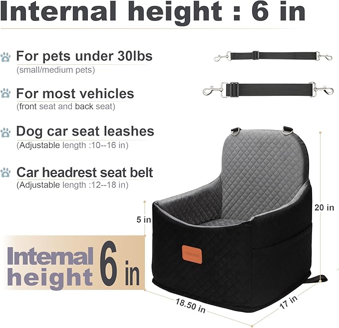 Youvee Dog Booster Car Seat - 6" Elevated Pet Car Seat for Small Dogs up to 30 lbs, Comfortable, Storage Pocket (Black Outside, Grey Inside)